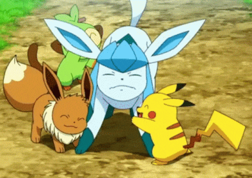 glaceon frustrated with pikachu, eevee, and grookey